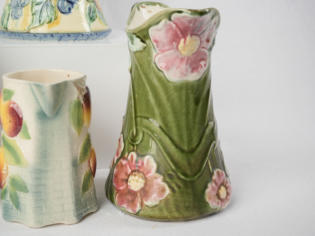 Set of Six Early 20th Century French Art Nouveau Majolica Pitchers