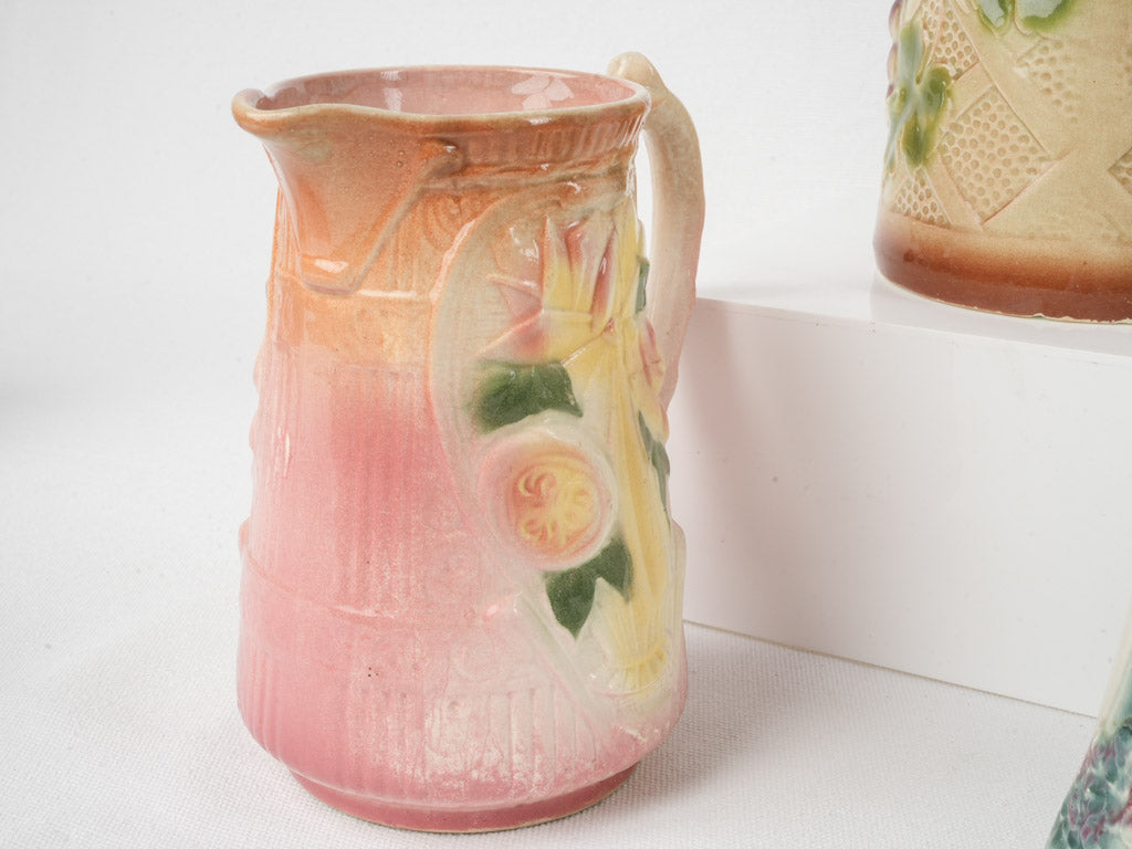 Set of Six Early 20th Century French Art Nouveau Majolica Pitchers