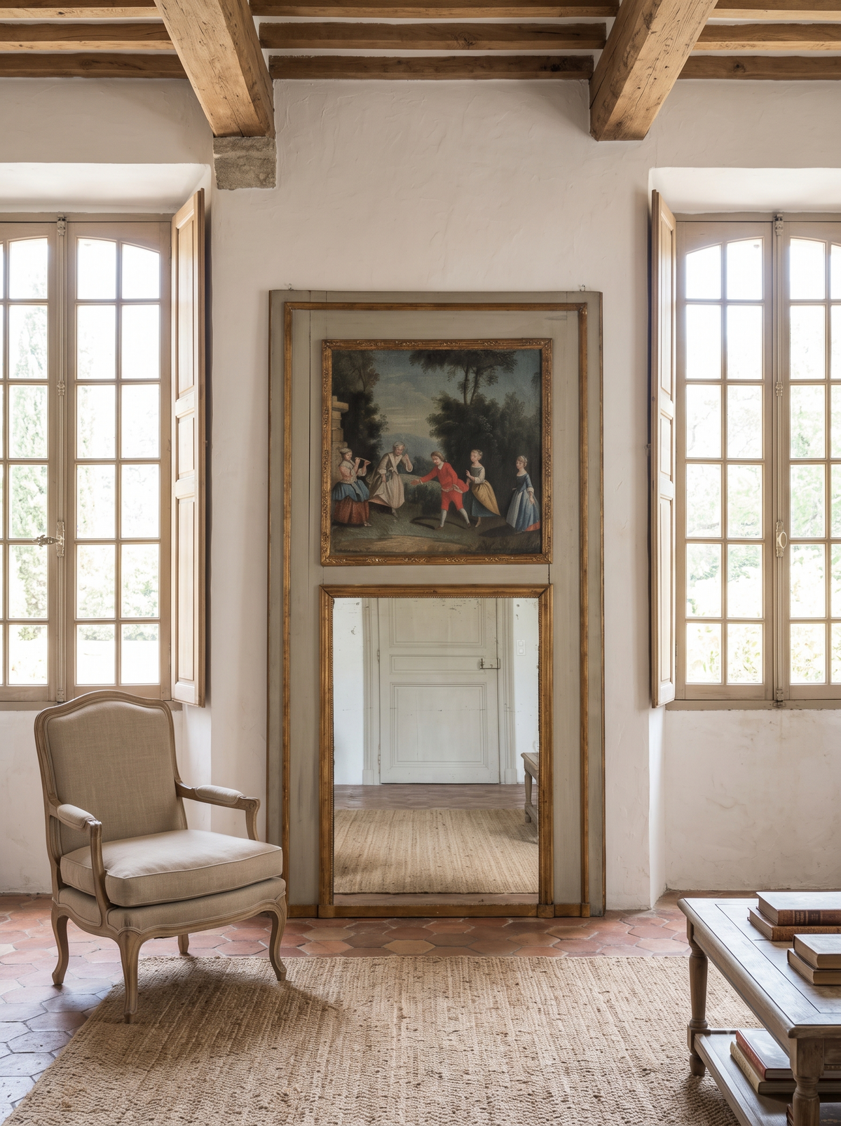 Antique French Trumeau Mirror with a Painted Scene of Children at Play - 71¾" x 40¼"