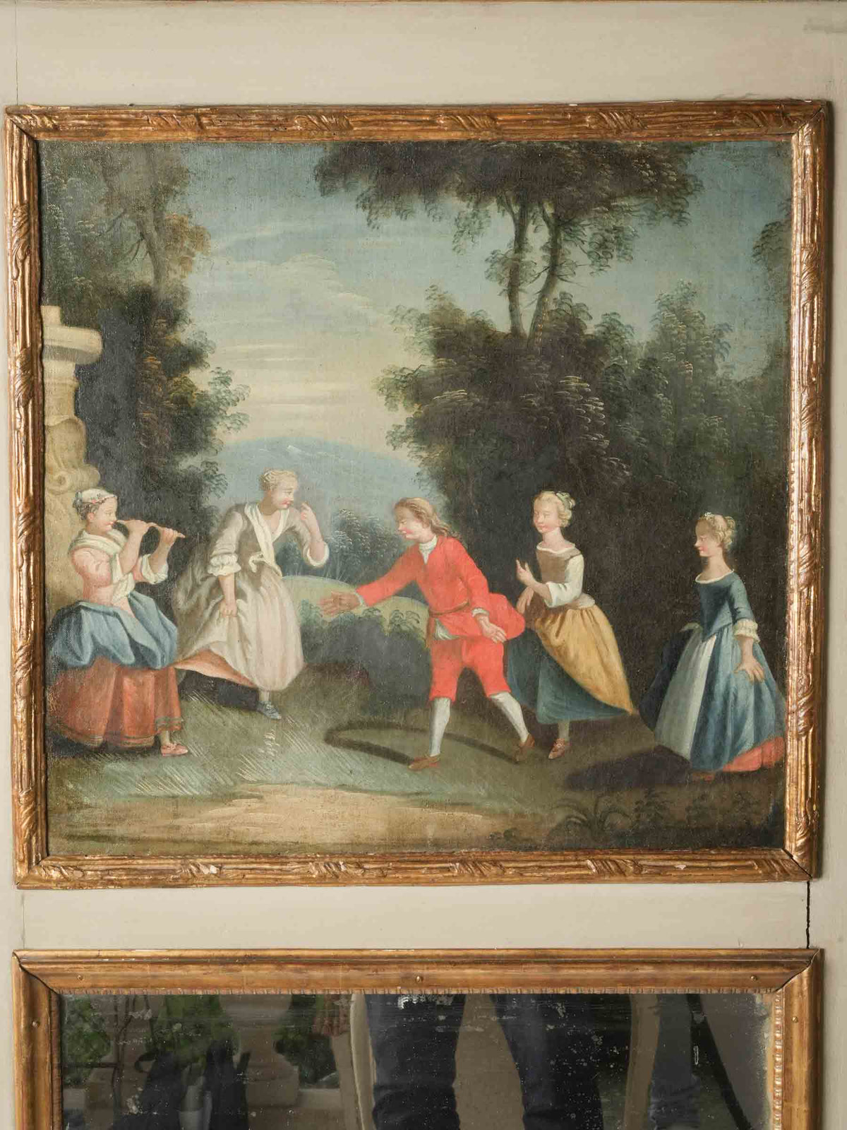 Antique French Trumeau Mirror with a Painted Scene of Children at Play - 71¾" x 40¼"