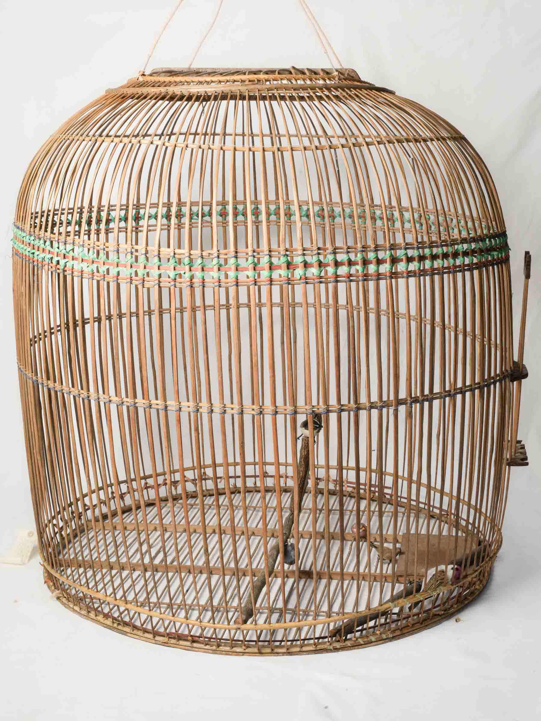 Oversized Natural Cane Hanging Birdcage w/ Pretty Carved Door - 43¼"