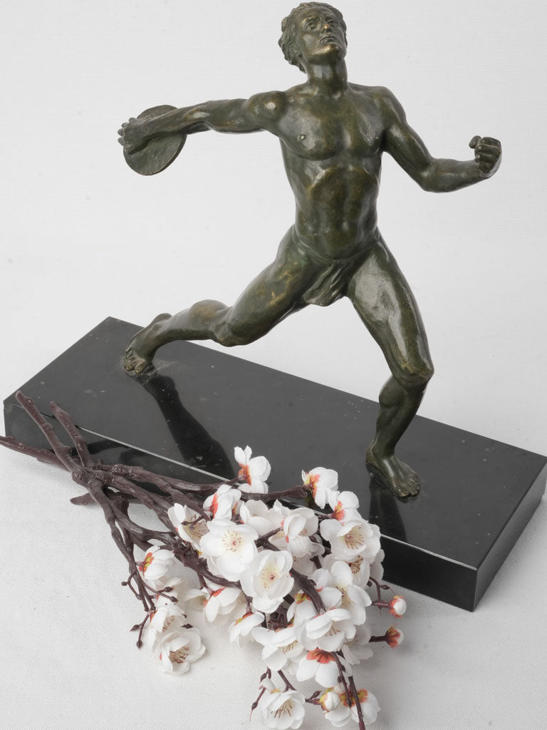 French Art Deco Bronze Discus Thrower on Black Marble Base By Baret - 15¾"