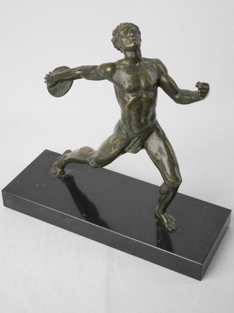 French Art Deco Bronze Discus Thrower on Black Marble Base By Baret - 15¾"