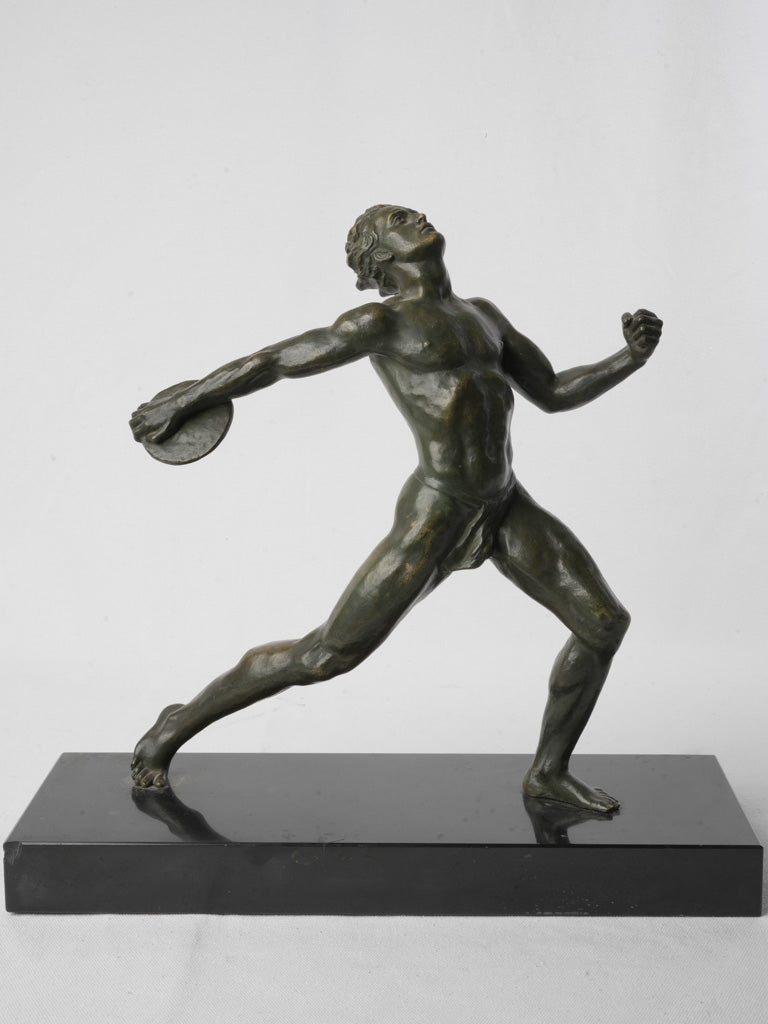 French Art Deco Bronze Discus Thrower on Black Marble Base By Baret - 15¾"