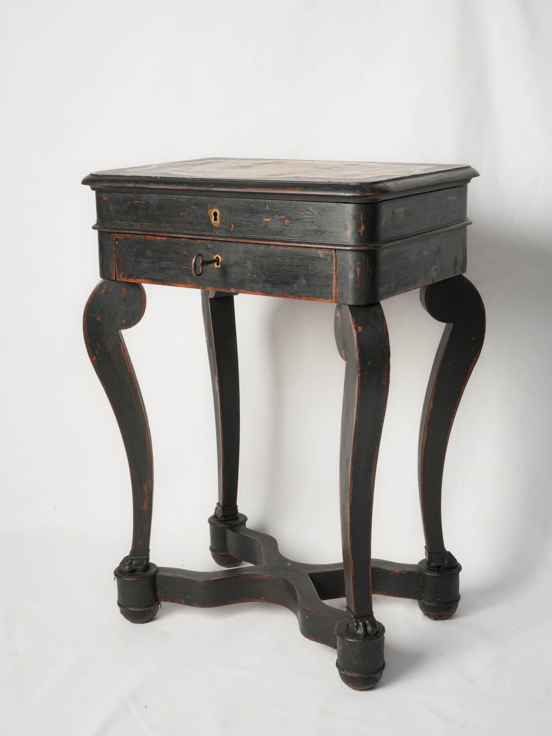 Antique French Mahogany Travailleuse with Painted Maritime Decoration, c. 1860 - 29¼"