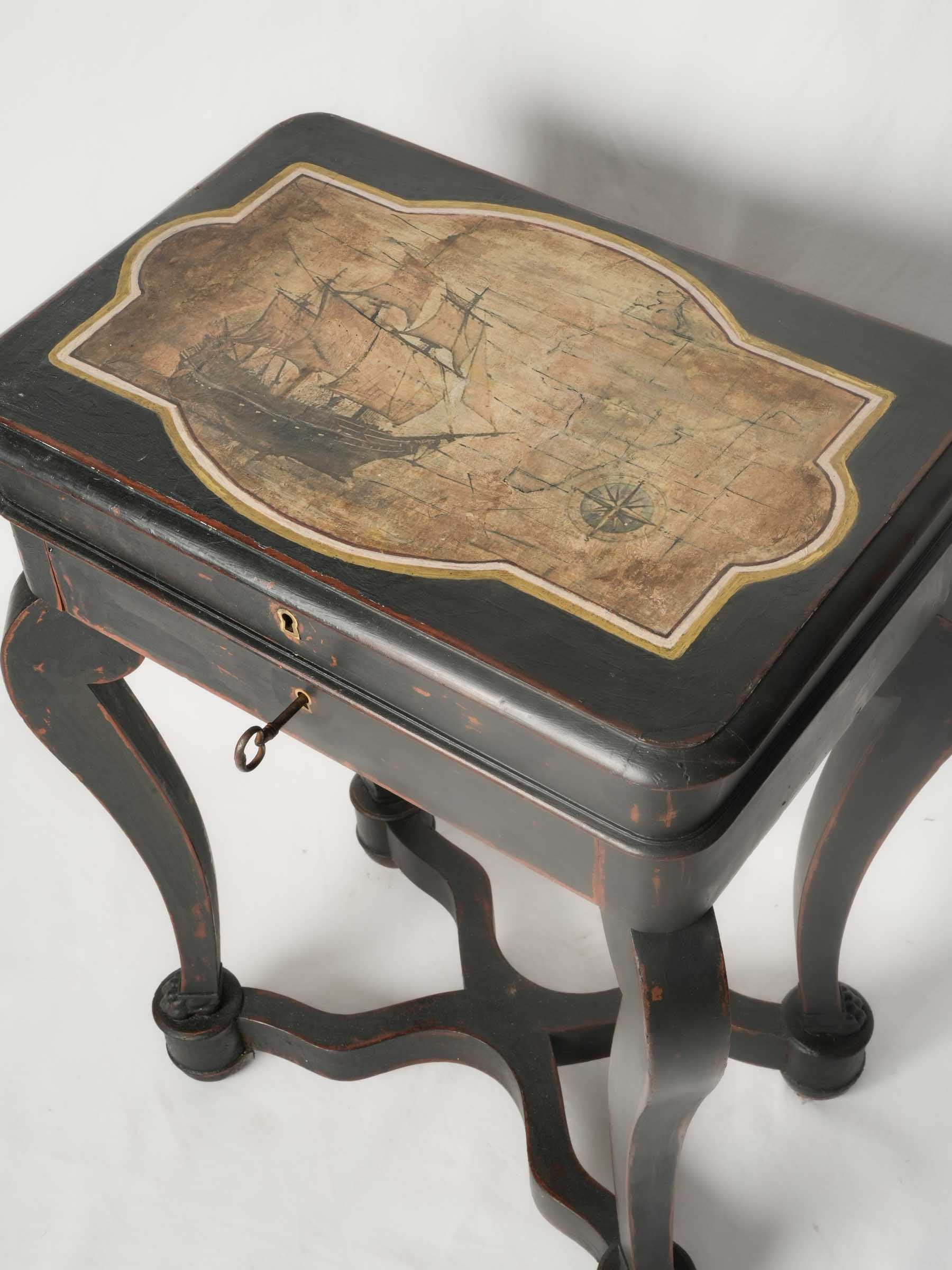 Antique French Mahogany Travailleuse with Painted Maritime Decoration, c. 1860 - 29¼"