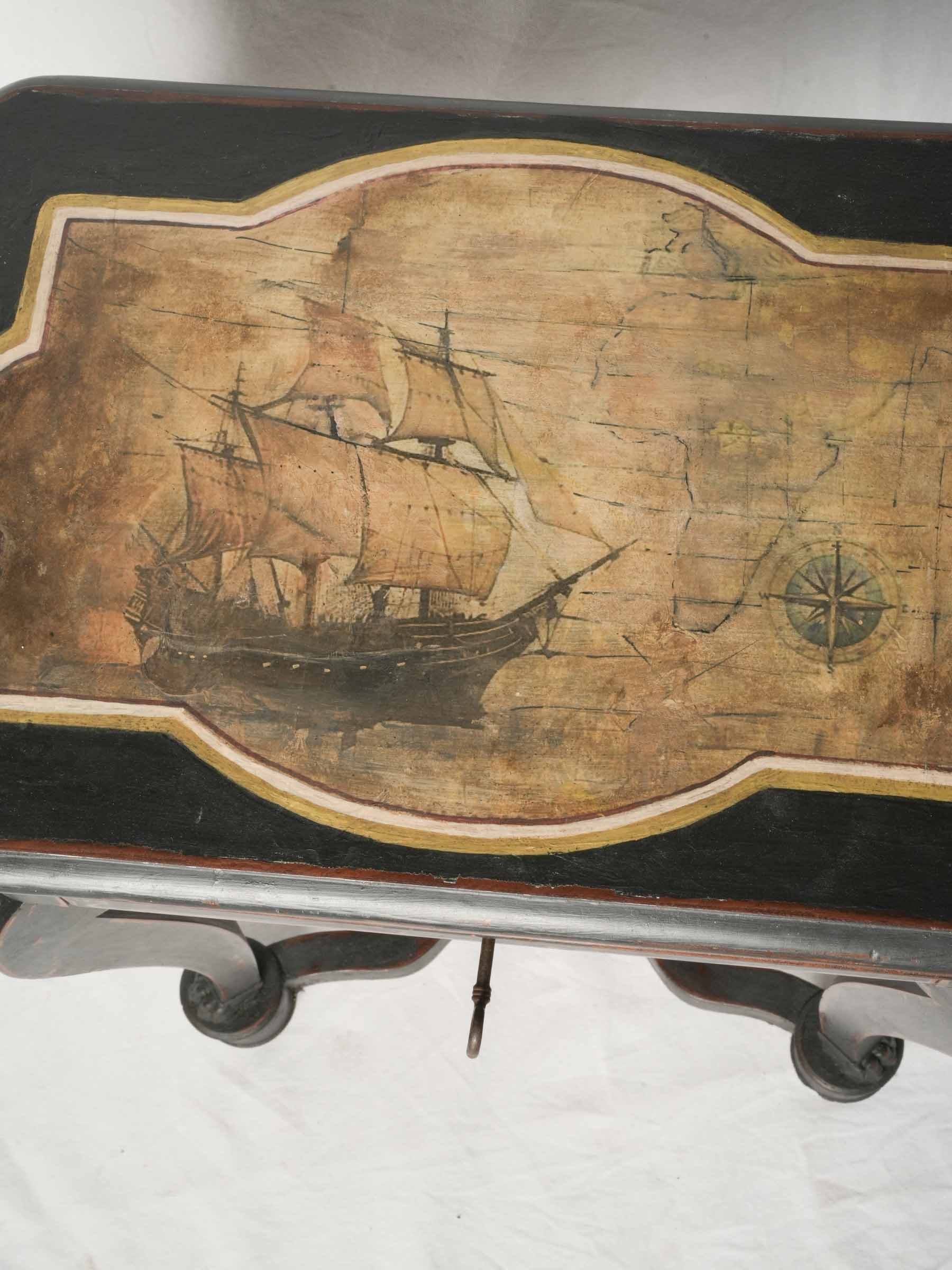 Antique French Mahogany Travailleuse with Painted Maritime Decoration, c. 1860 - 29¼"