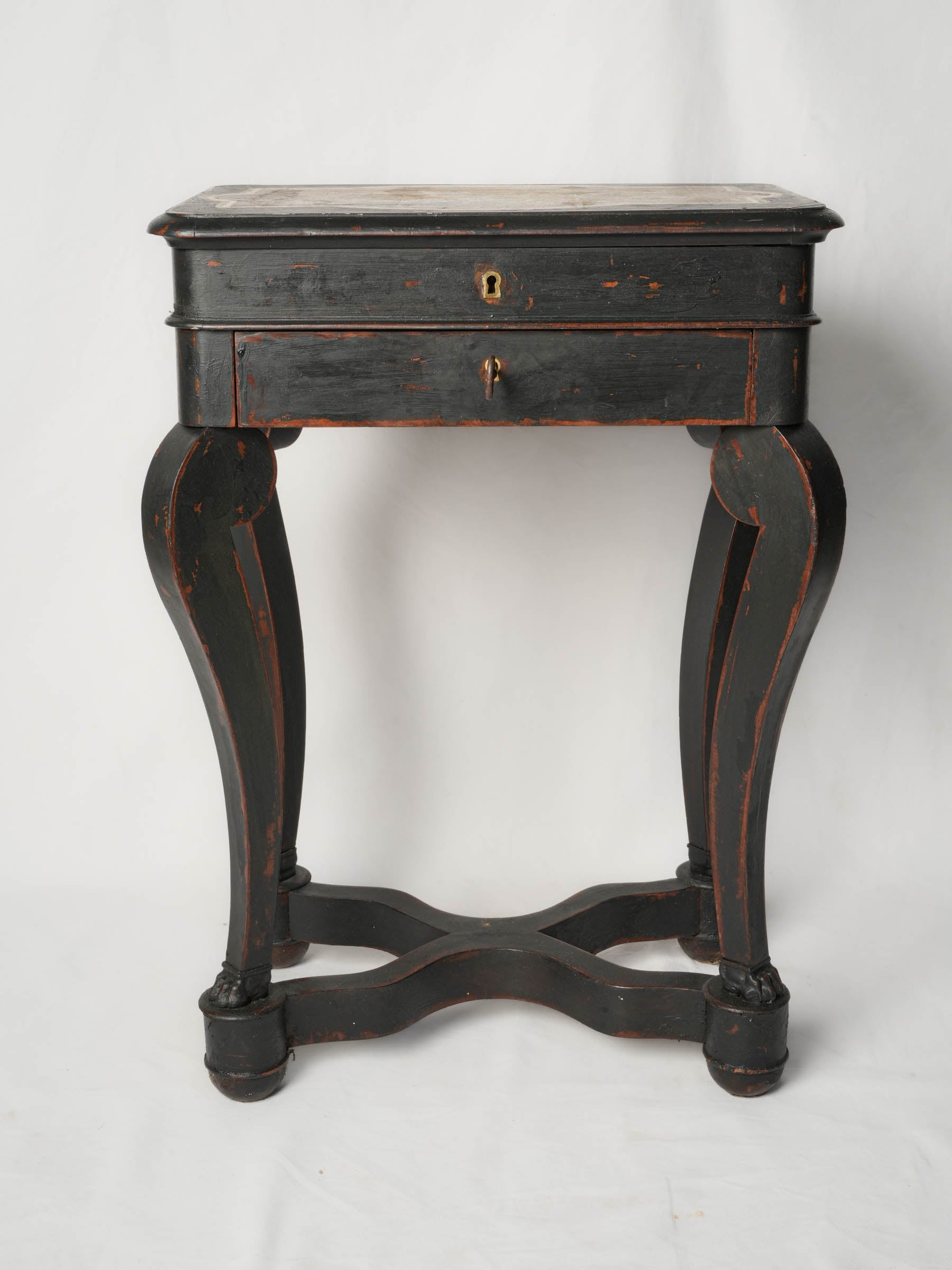 Antique French Mahogany Travailleuse with Painted Maritime Decoration, c. 1860 - 29¼"