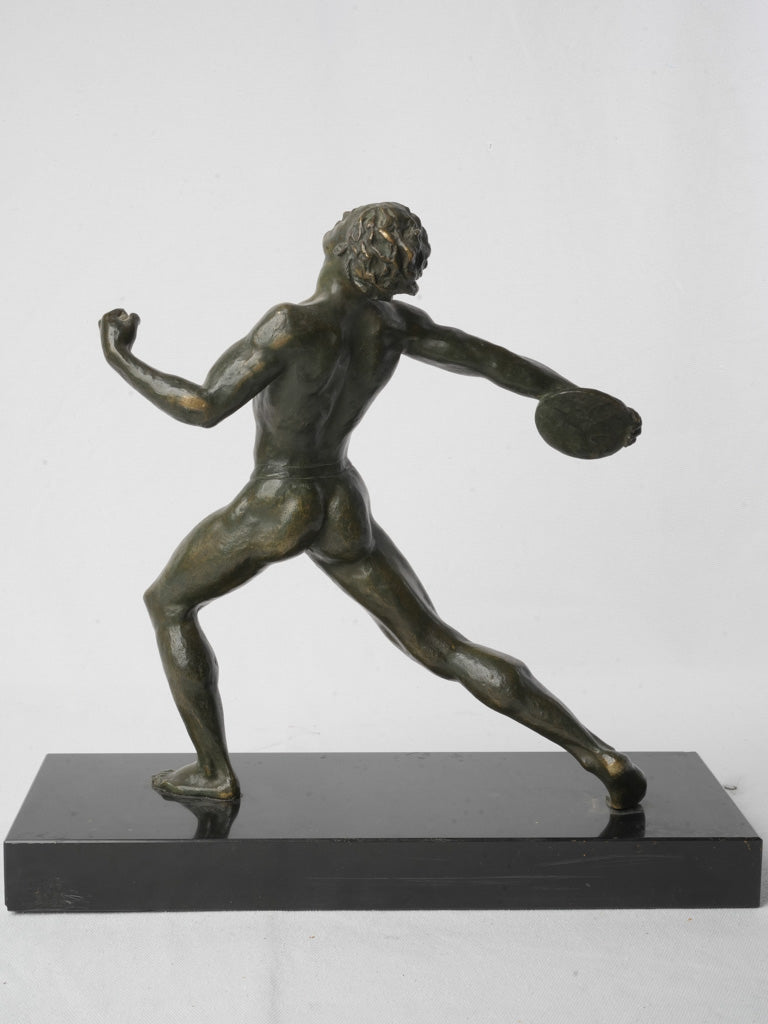 French Art Deco Bronze Discus Thrower on Black Marble Base By Baret - 15¾"