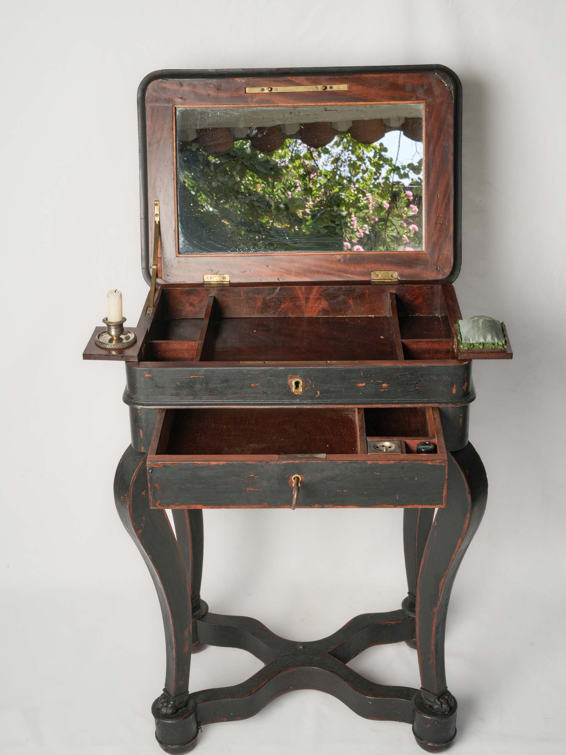 Antique French Mahogany Travailleuse with Painted Maritime Decoration, c. 1860 - 29¼"