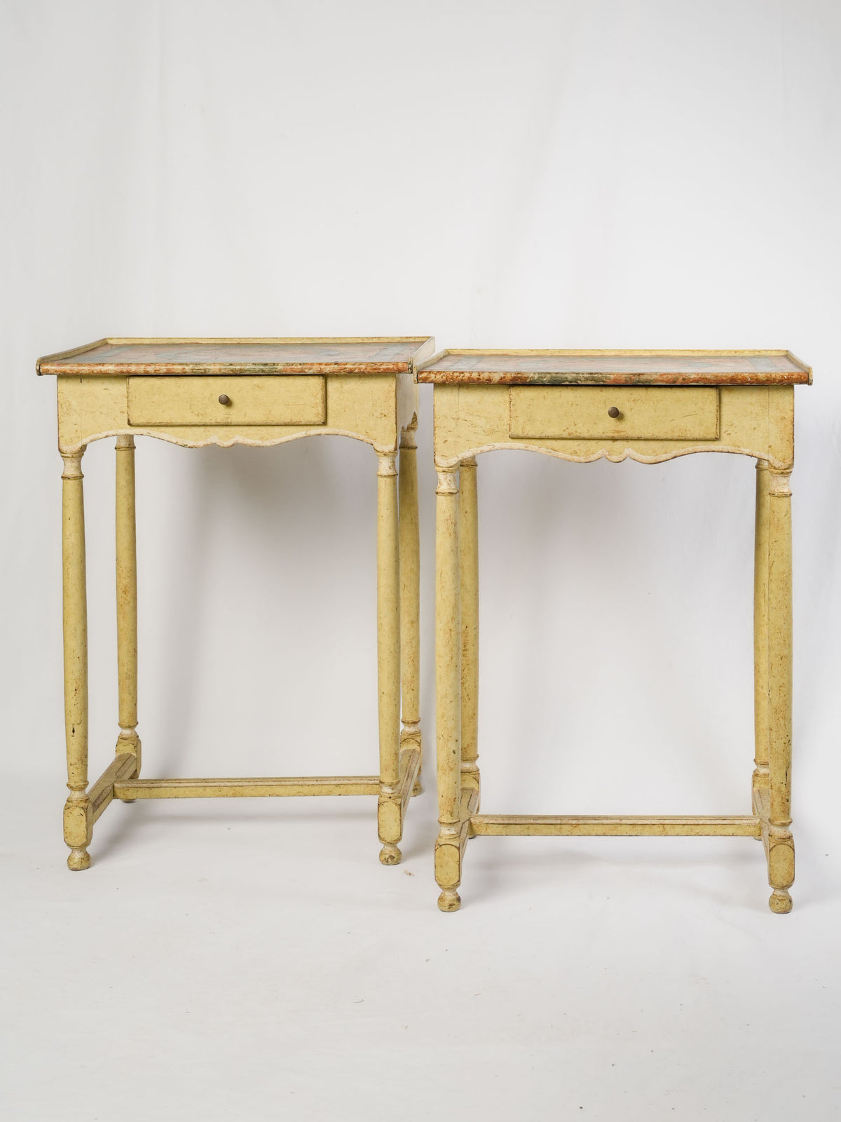 Cheerful Pair of Vintage French Painted Side Tables with Faux-Marble Tops - 27¼" x  19¾"