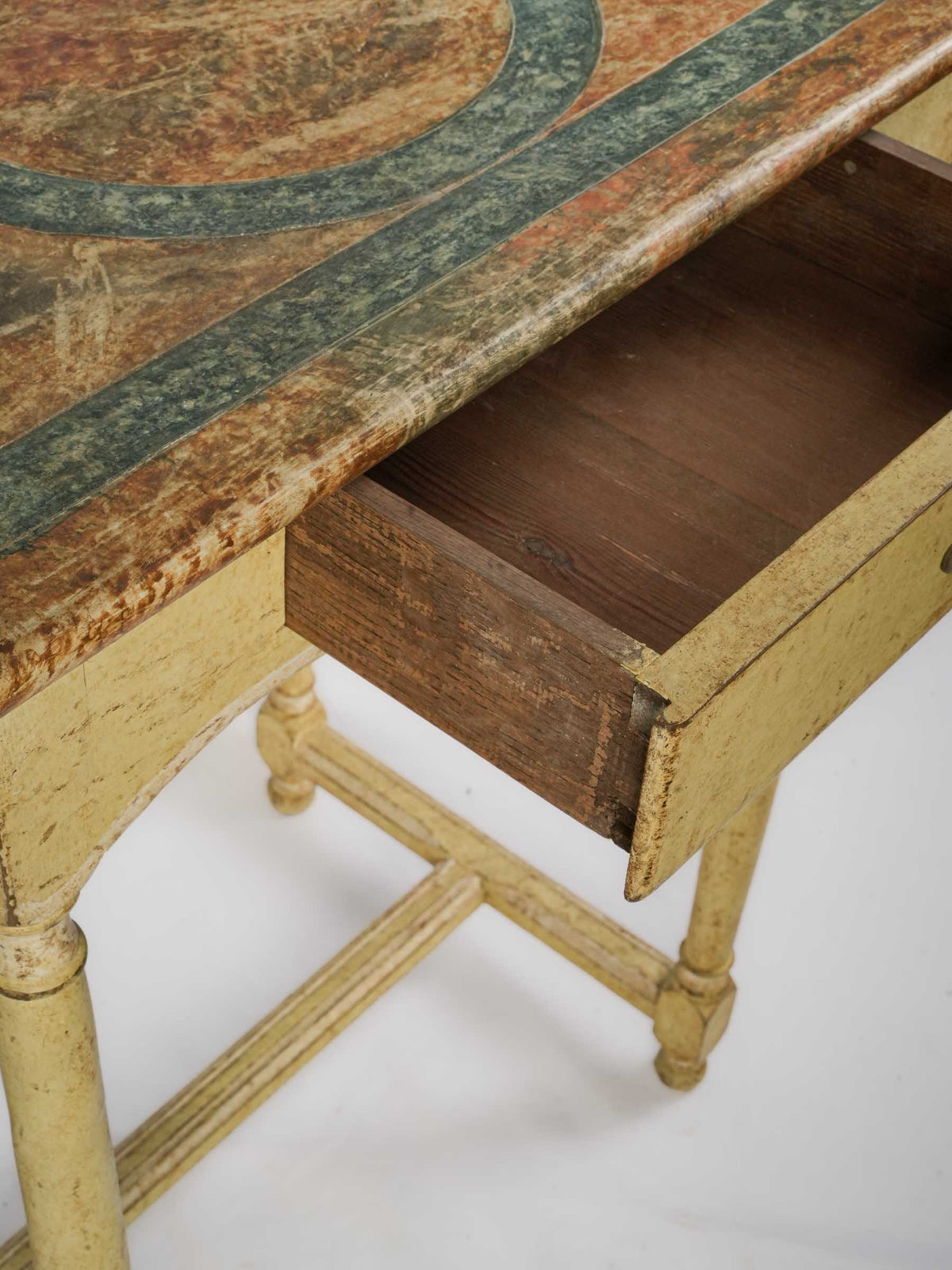 Cheerful Pair of Vintage French Painted Side Tables with Faux-Marble Tops - 27¼" x  19¾"