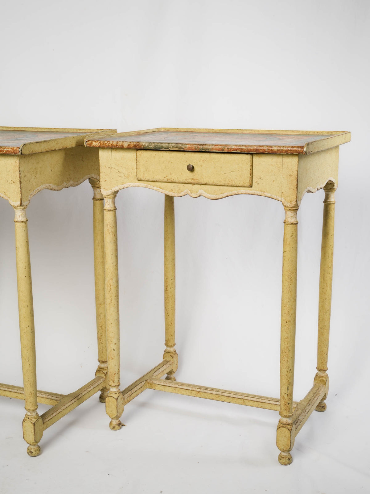 Cheerful Pair of Vintage French Painted Side Tables with Faux-Marble Tops - 27¼" x  19¾"