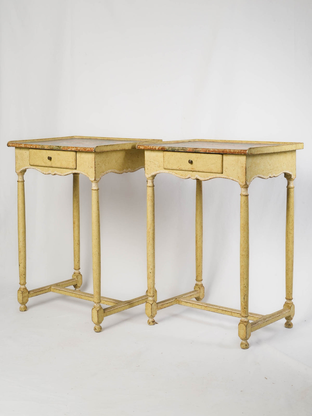 Cheerful Pair of Vintage French Painted Side Tables with Faux-Marble Tops - 27¼" x  19¾"