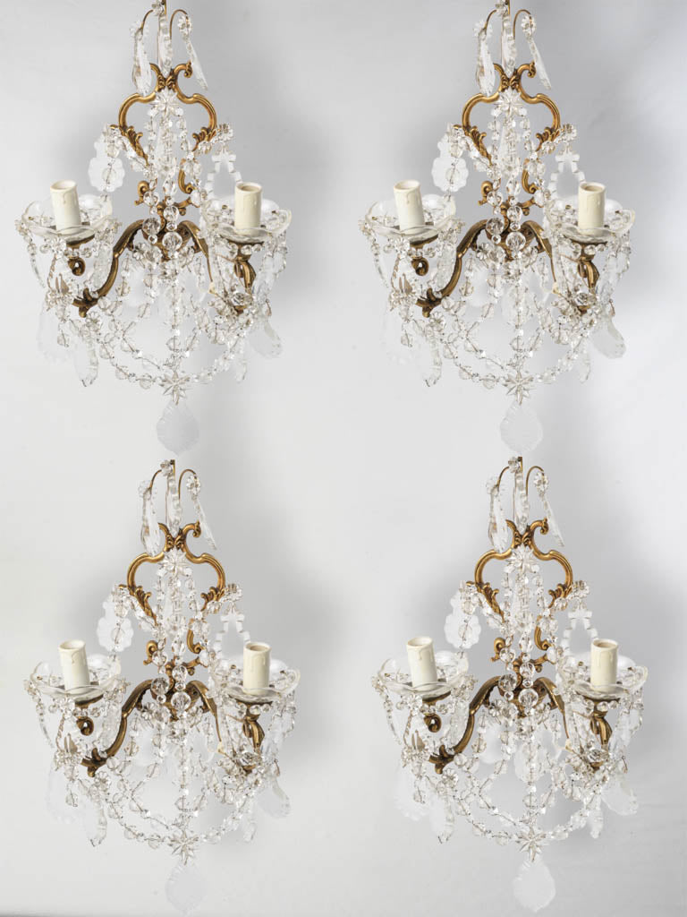 Elegant Set of Four French Rococo Style Gilt Bronze and Cut Crystal Wall Sconces - 17¾" x 13¾"