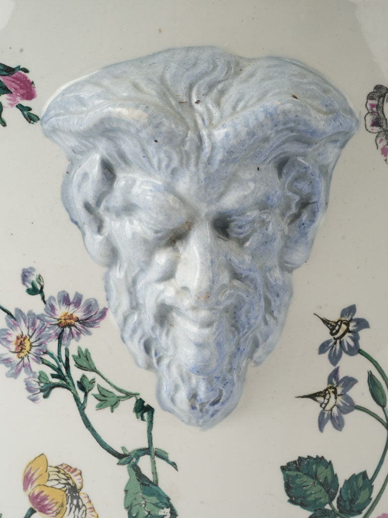 Whimsical Bacchus mask side handle pot