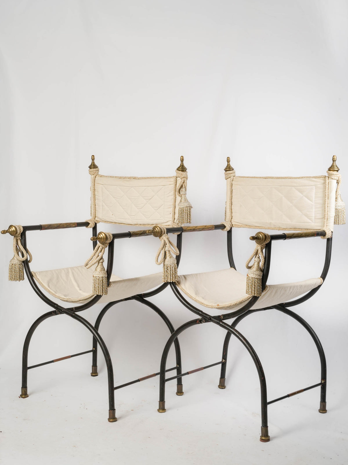 Set of Four Mid-Century French Curule Folding Armchairs w/ Brass Details, in the Manner of Maison Jansen