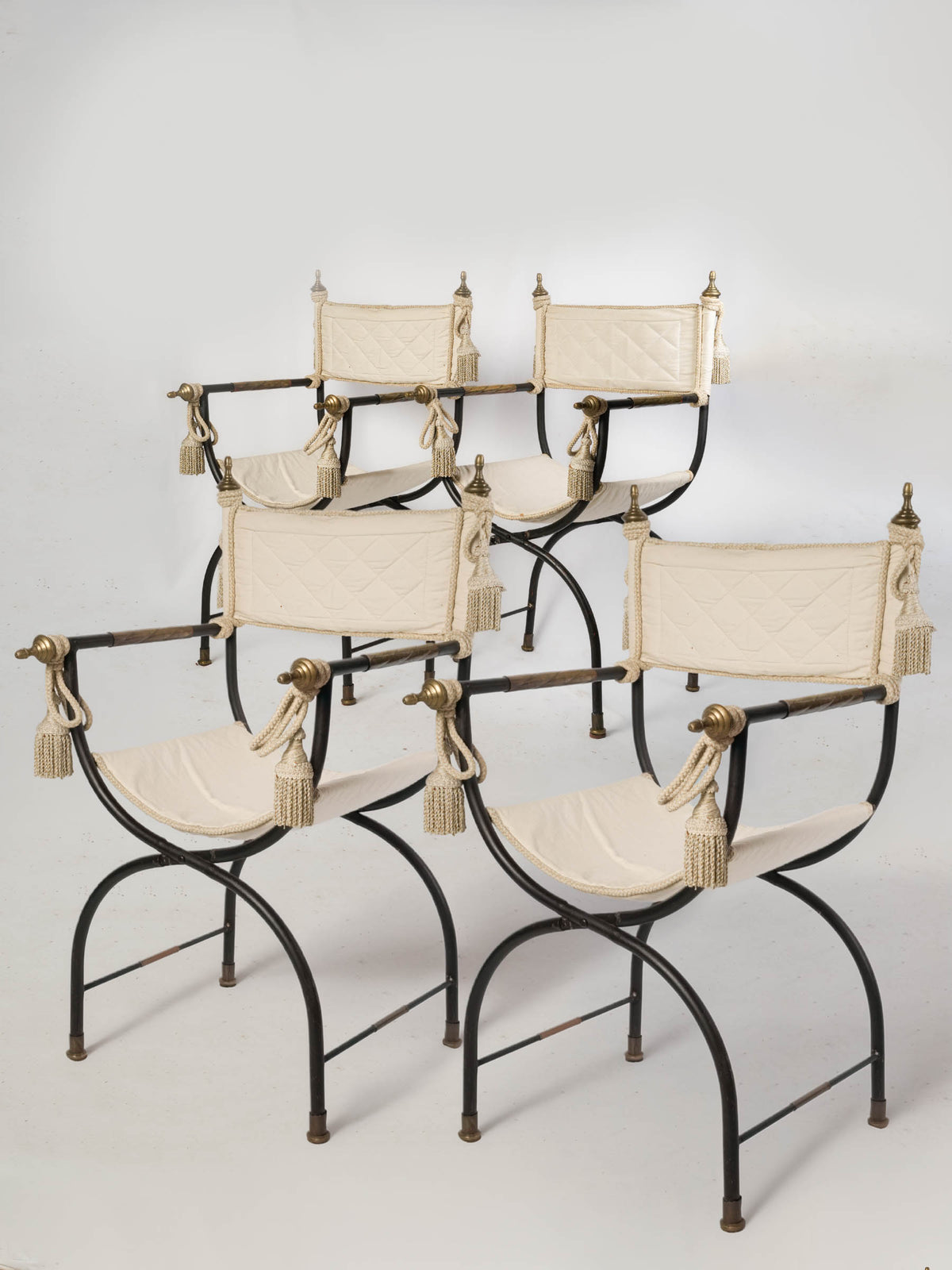 Set of Four Mid-Century French Curule Folding Armchairs w/ Brass Details, in the Manner of Maison Jansen