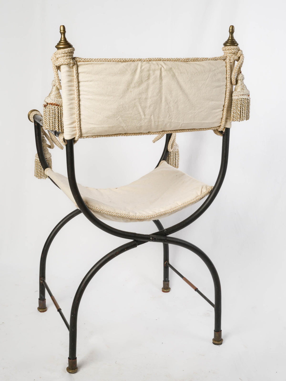 Set of Four Mid-Century French Curule Folding Armchairs w/ Brass Details, in the Manner of Maison Jansen