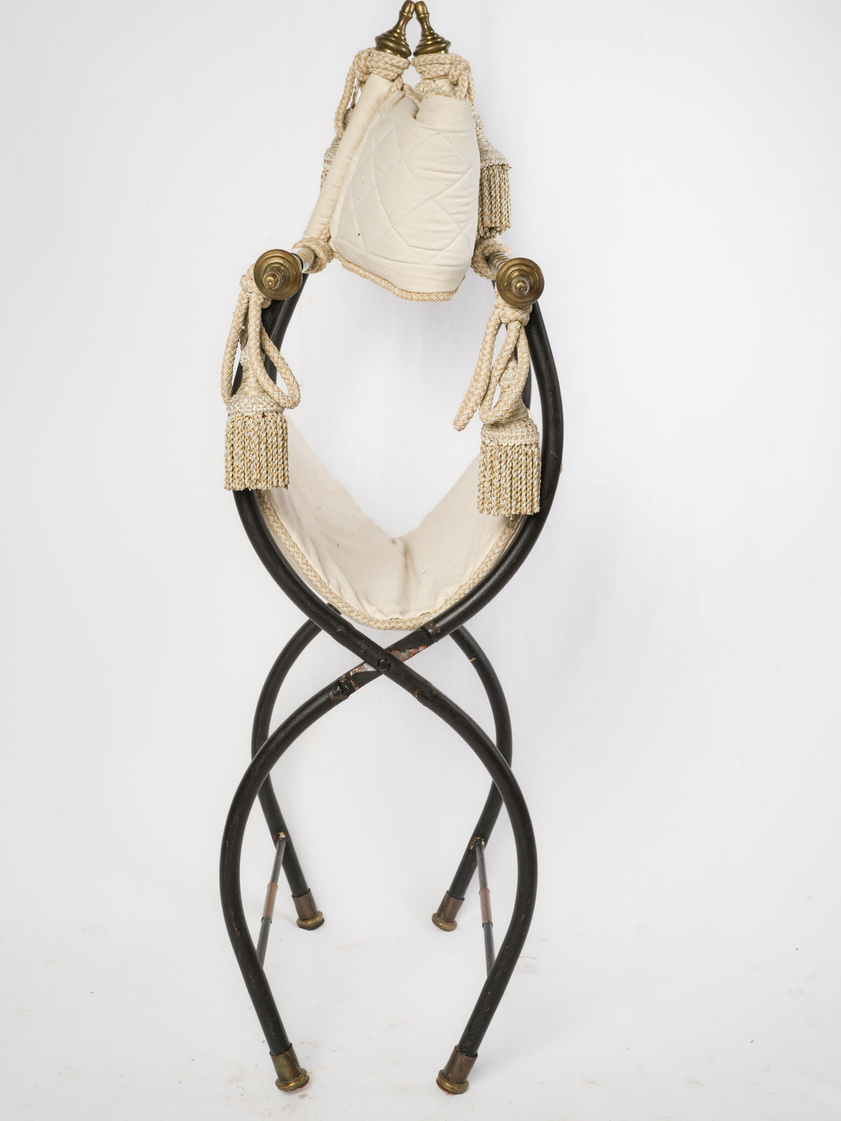 Set of Four Mid-Century French Curule Folding Armchairs w/ Brass Details, in the Manner of Maison Jansen