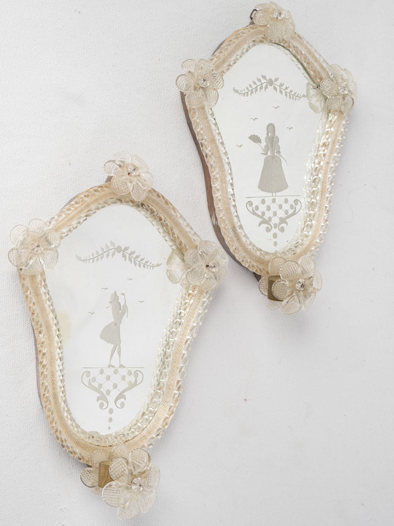 Pair of Petite Early 20th Century Murano Venetian Glass Mirror Reflectors w/  Etched Figures - 11" x 8"