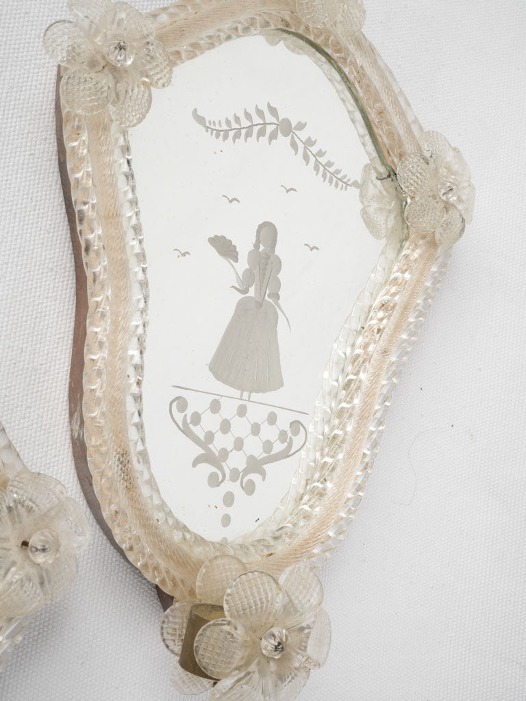 Pair of Petite Early 20th Century Murano Venetian Glass Mirror Reflectors w/  Etched Figures - 11" x 8"