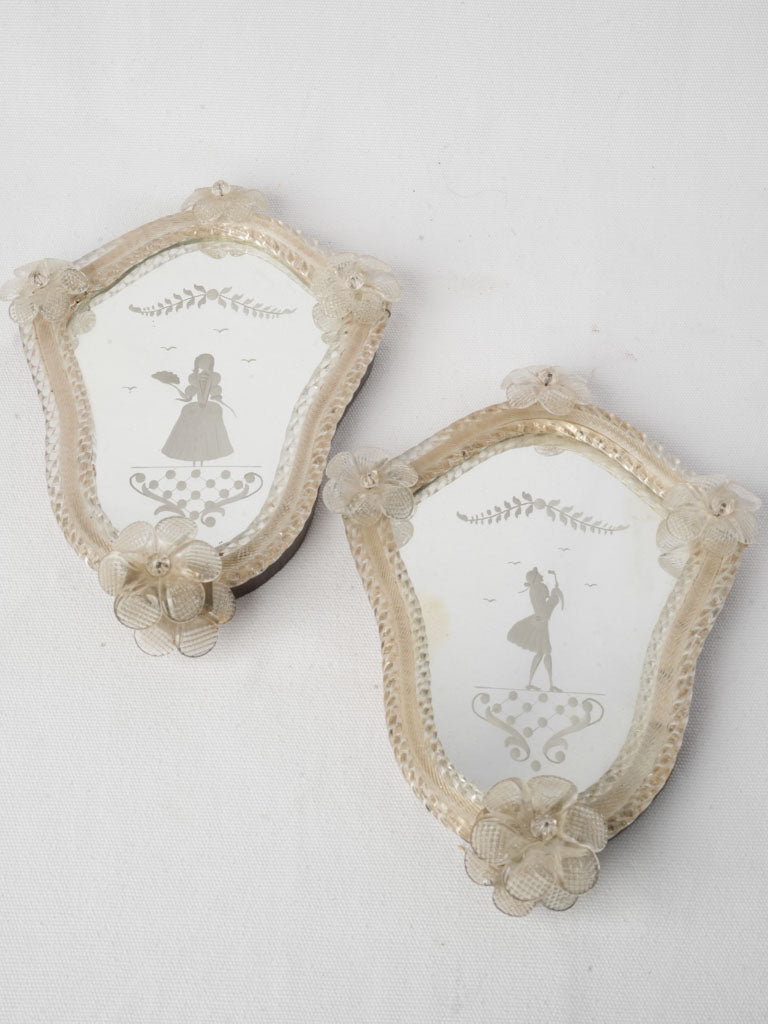 Pair of Petite Early 20th Century Murano Venetian Glass Mirror Reflectors w/  Etched Figures - 11" x 8"