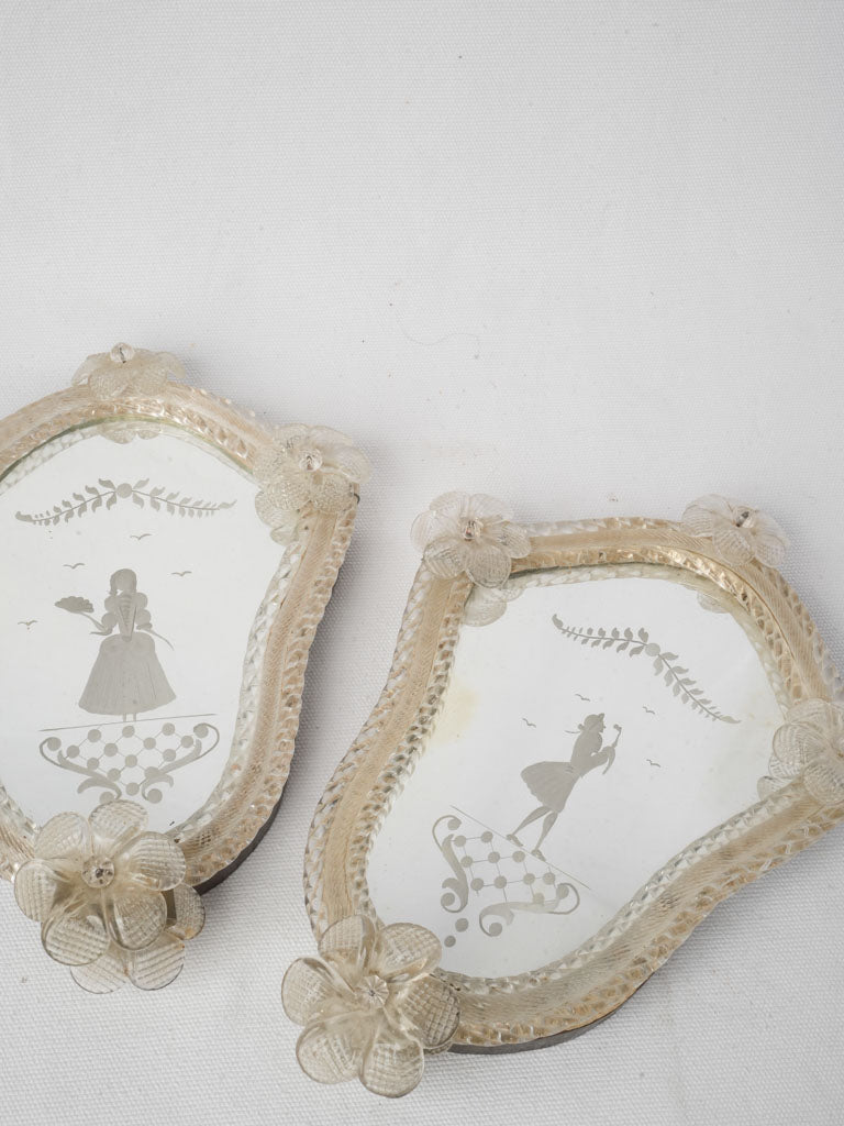 Pair of Petite Early 20th Century Murano Venetian Glass Mirror Reflectors w/  Etched Figures - 11" x 8"