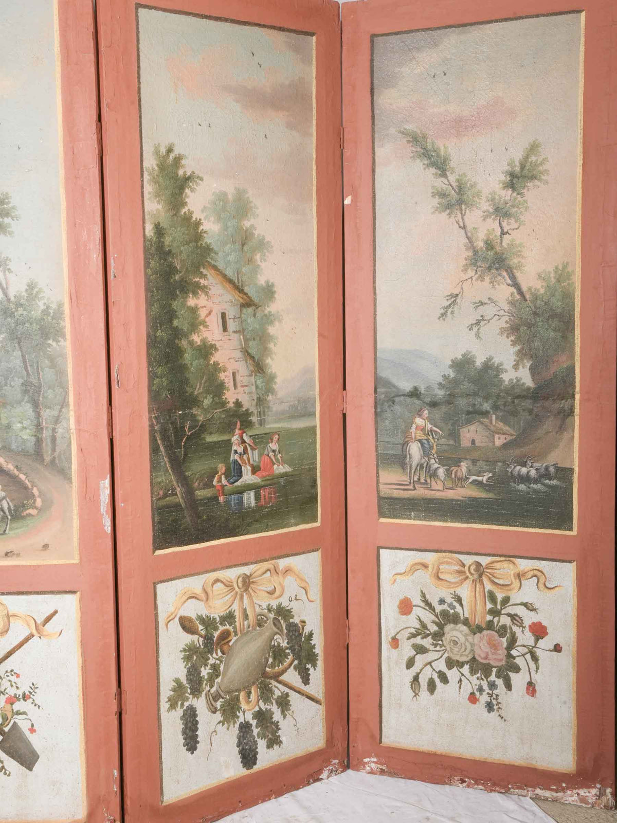 Late 18th-Century French Four-Panel Screen w/ Water-Themed Pastoral Scenes - 77¼"  x 102¼"