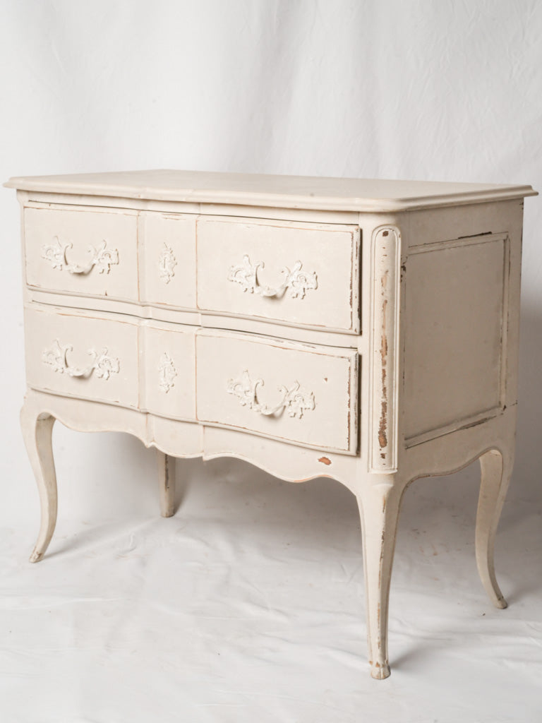 Romantic French Louis XV Style Commode in Distressed Pale Grey Finish