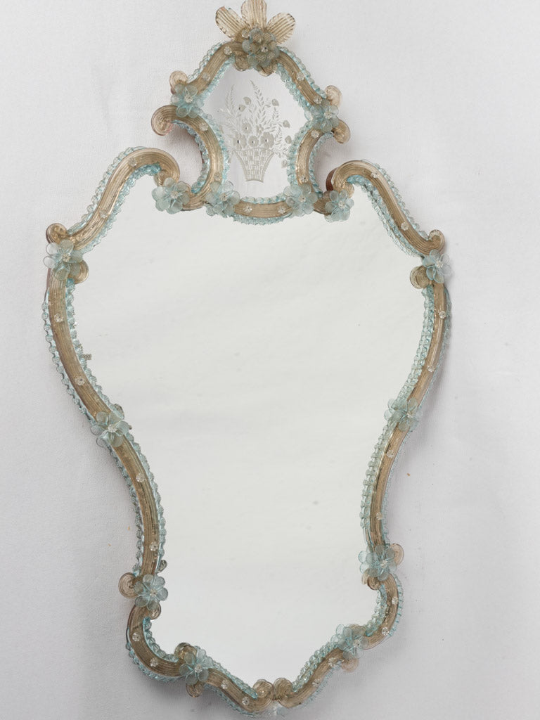 Exquisite 1950s Venetian Murano Glass Cartouche Mirror w/ Pale Blue and Golden Accents - 36½" x 22¾"