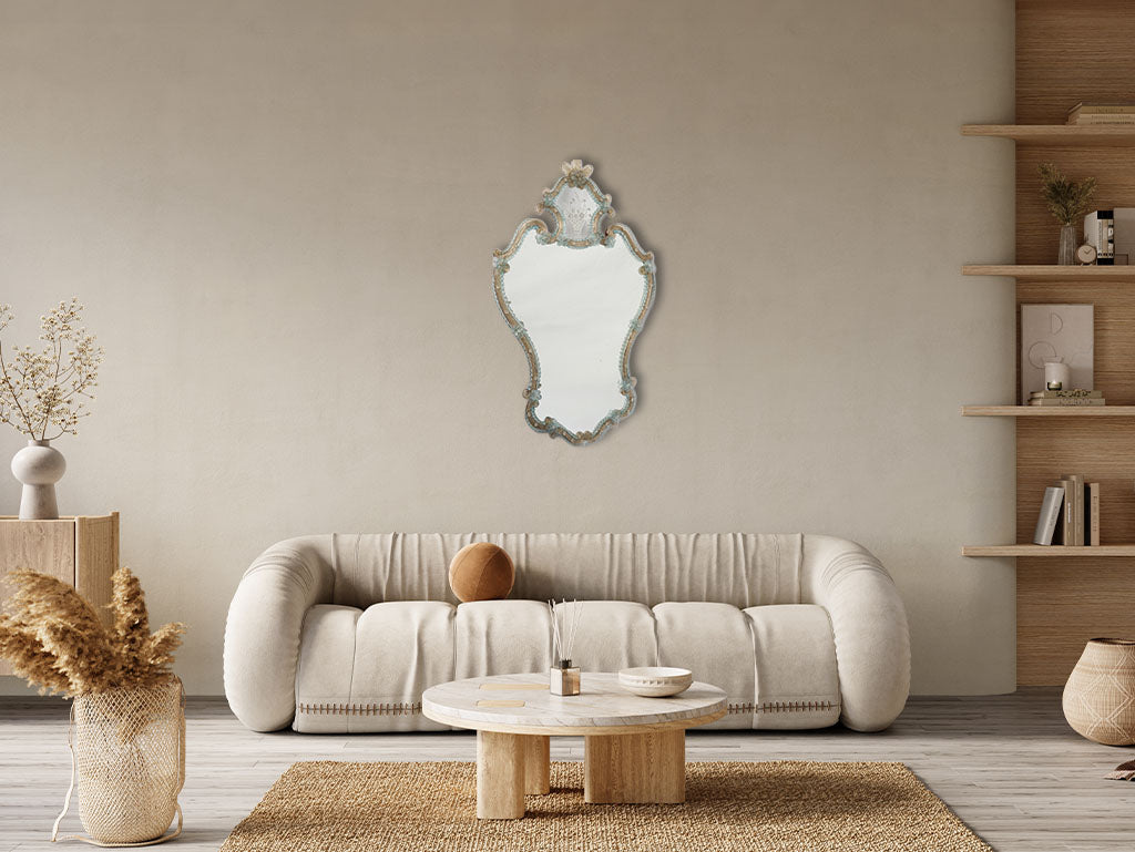 Exquisite 1950s Venetian Murano Glass Cartouche Mirror w/ Pale Blue and Golden Accents - 36½" x 22¾"
