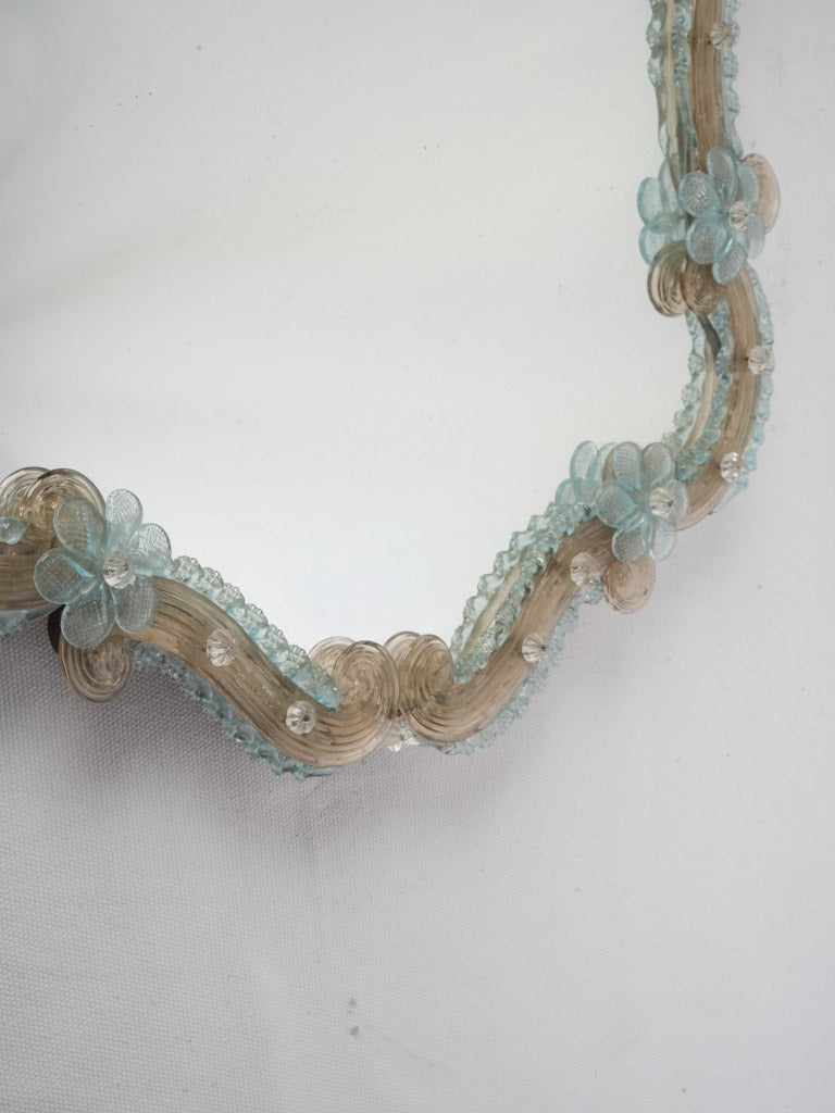 Exquisite 1950s Venetian Murano Glass Cartouche Mirror w/ Pale Blue and Golden Accents - 36½" x 22¾"