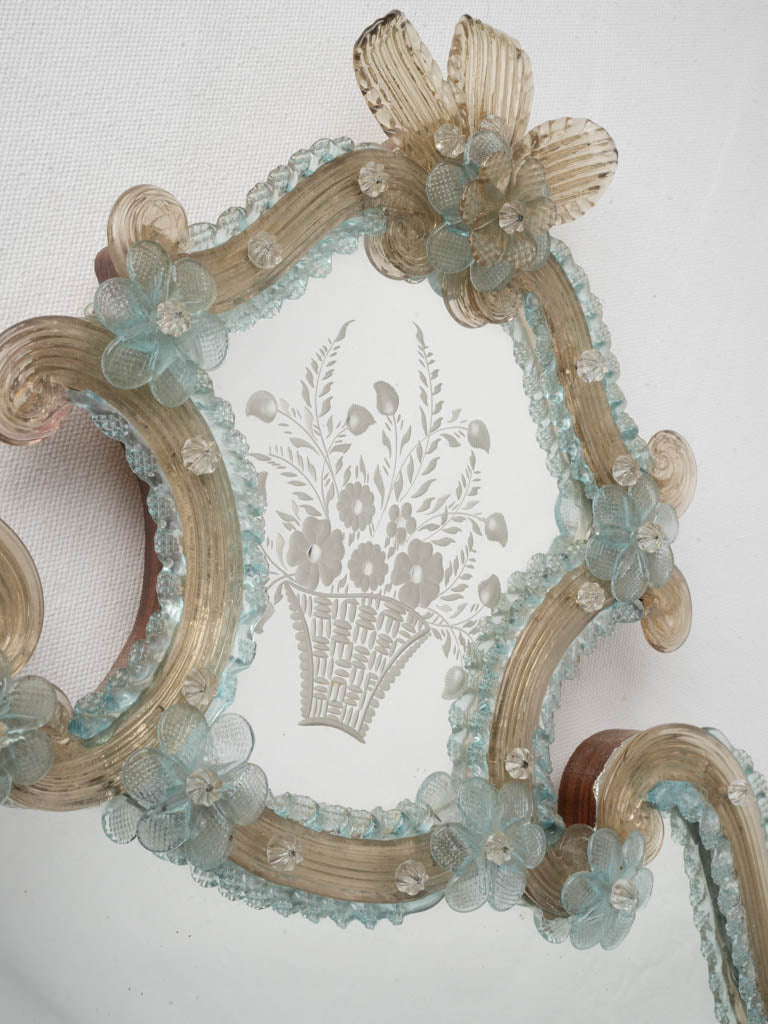 Exquisite 1950s Venetian Murano Glass Cartouche Mirror w/ Pale Blue and Golden Accents - 36½" x 22¾"