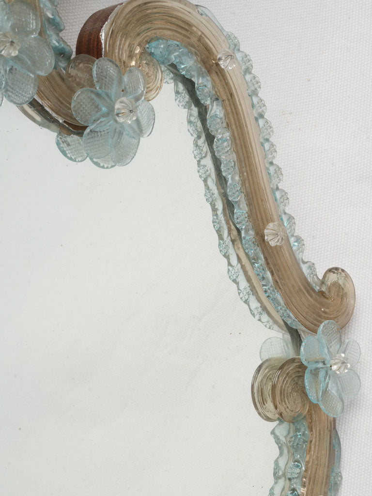 Exquisite 1950s Venetian Murano Glass Cartouche Mirror w/ Pale Blue and Golden Accents - 36½" x 22¾"