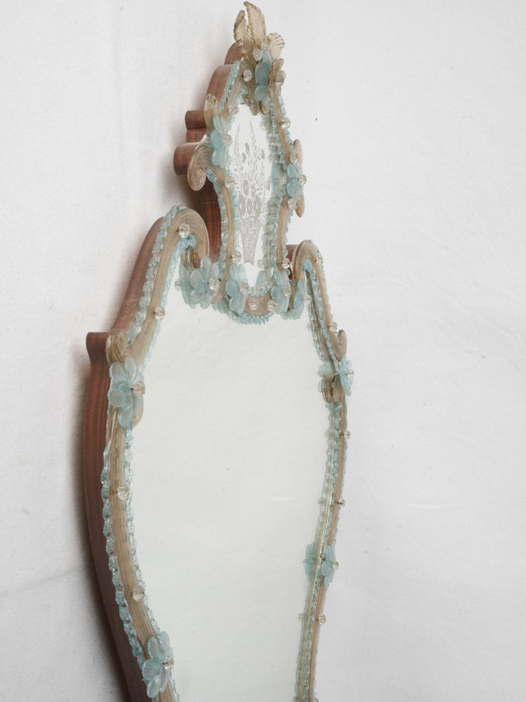 Exquisite 1950s Venetian Murano Glass Cartouche Mirror w/ Pale Blue and Golden Accents - 36½" x 22¾"