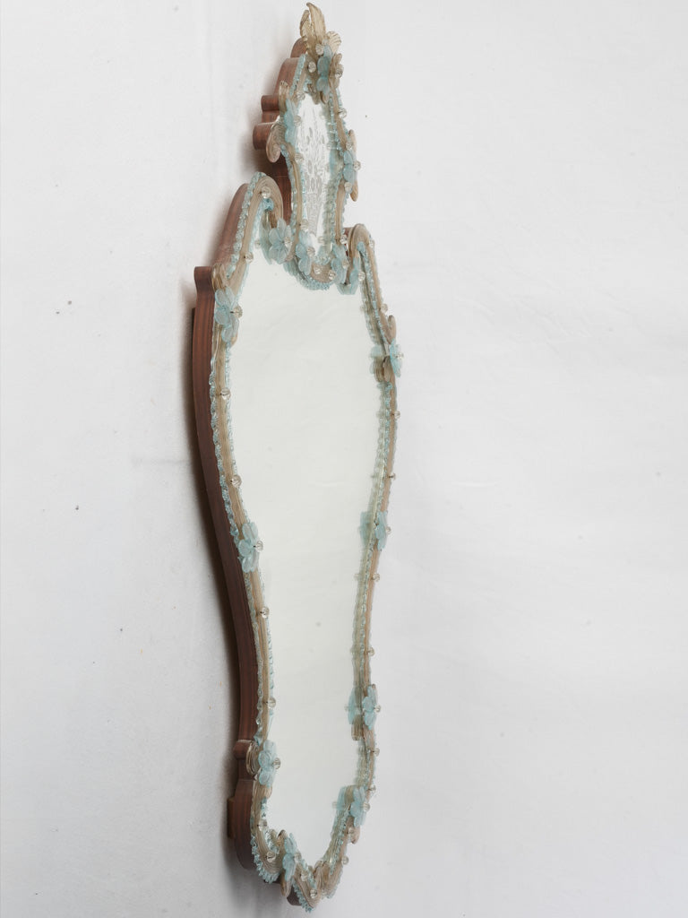 Exquisite 1950s Venetian Murano Glass Cartouche Mirror w/ Pale Blue and Golden Accents - 36½" x 22¾"