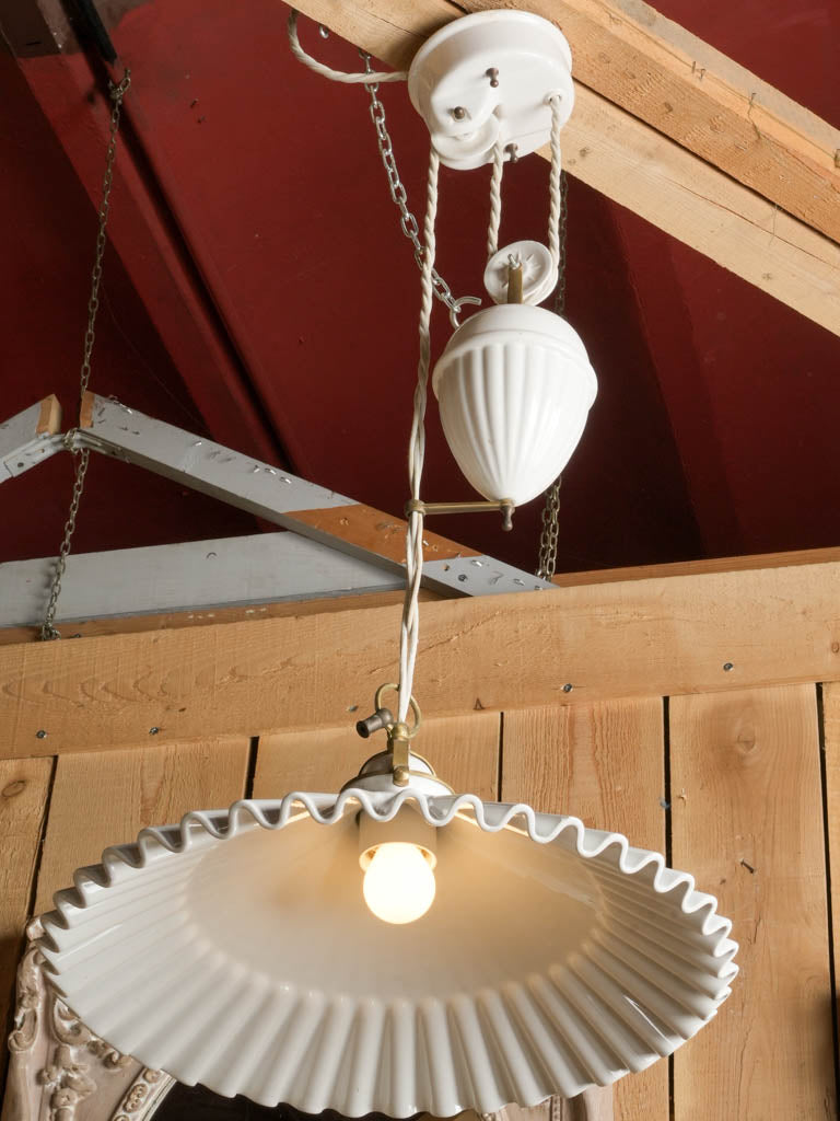20th Century French Ceramic Rise-and-Fall Pendant with Ruffled Shade