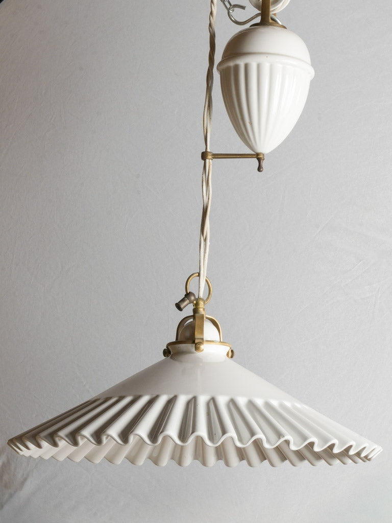 20th Century French Ceramic Rise-and-Fall Pendant with Ruffled Shade
