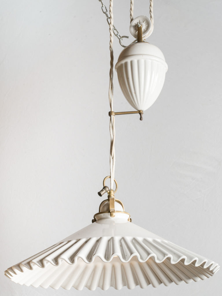 20th Century French Ceramic Rise-and-Fall Pendant with Ruffled Shade