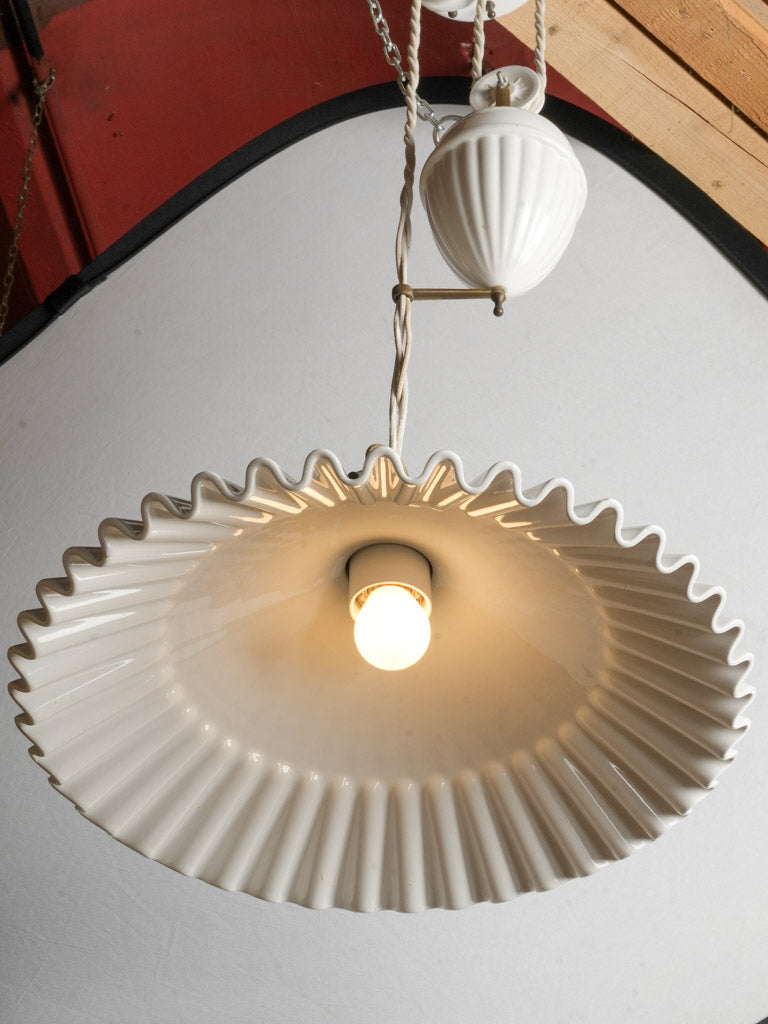 20th Century French Ceramic Rise-and-Fall Pendant with Ruffled Shade