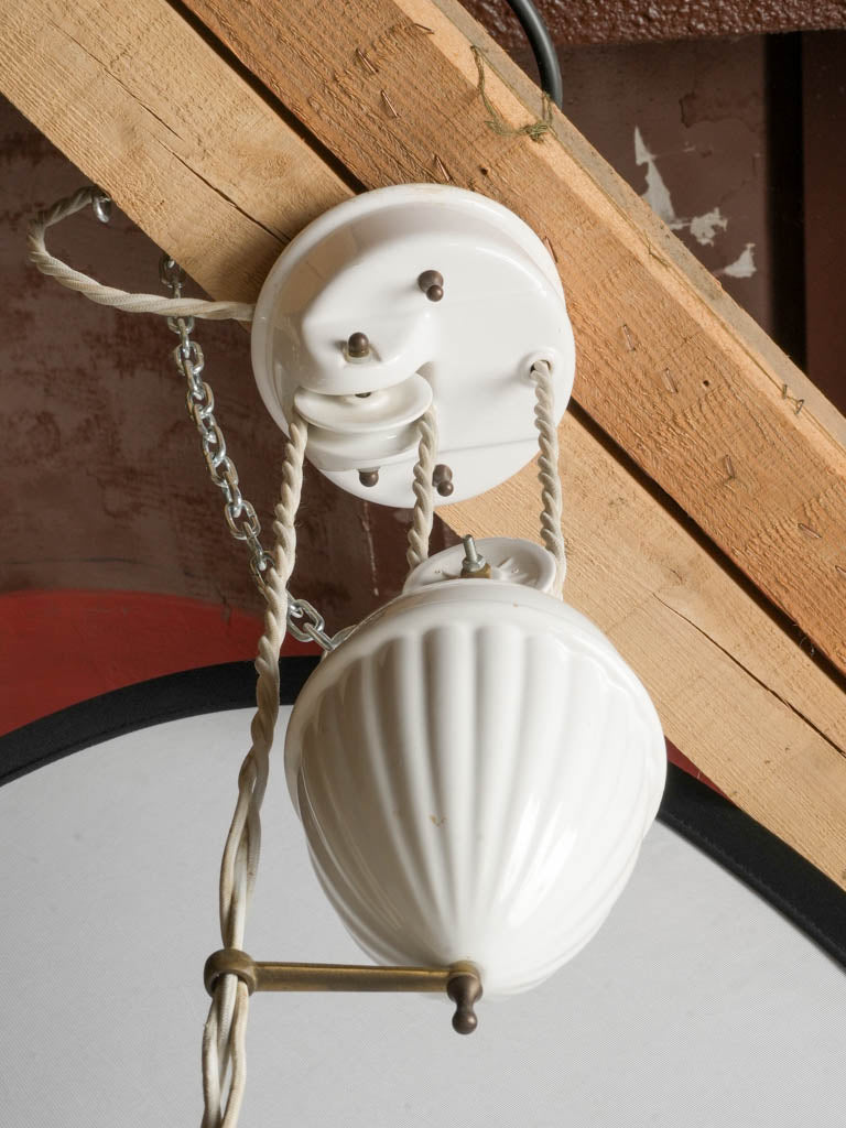 20th Century French Ceramic Rise-and-Fall Pendant with Ruffled Shade