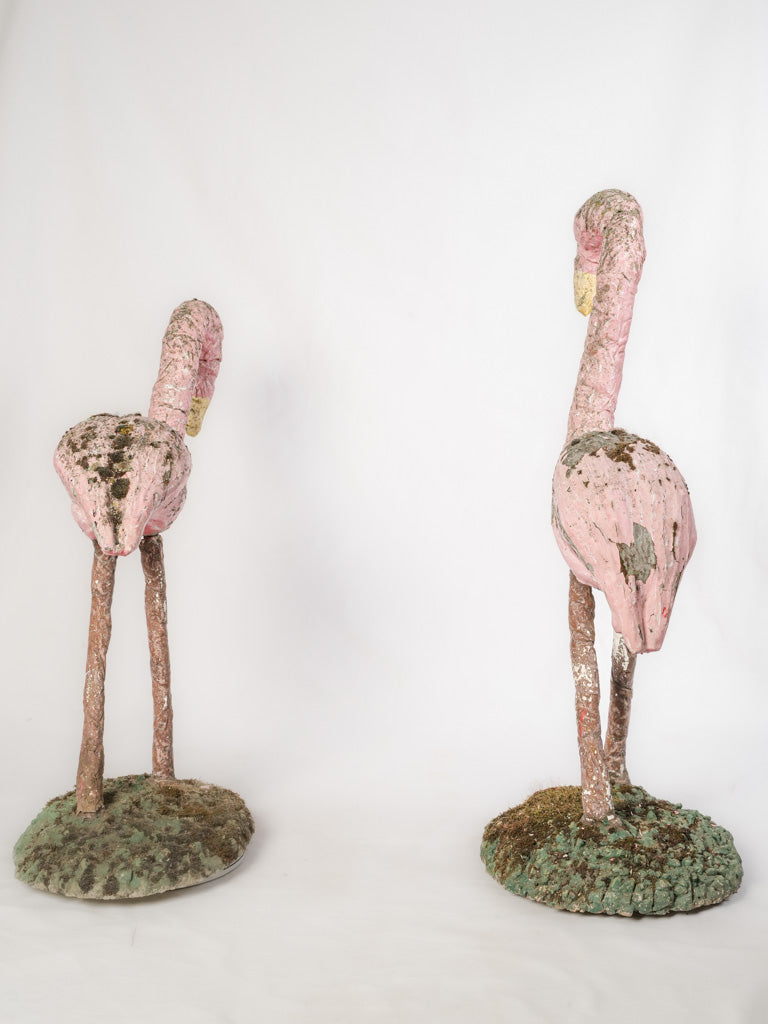 Moss-patina flamingo garden statues