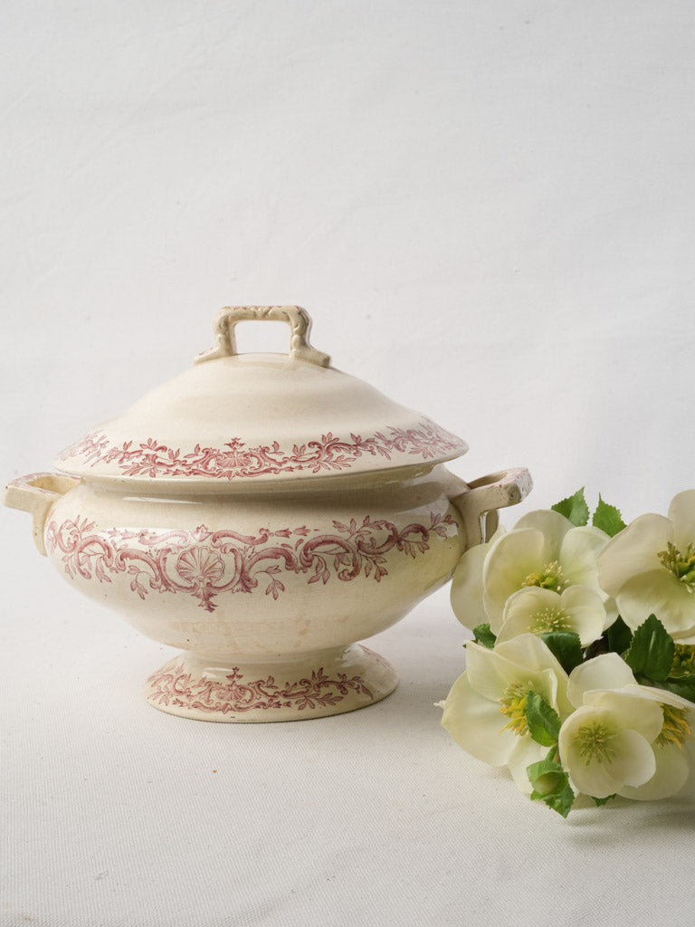 Antique French Ironstone Soup Tureen By Longchamp w/ Pink Foliage Decor