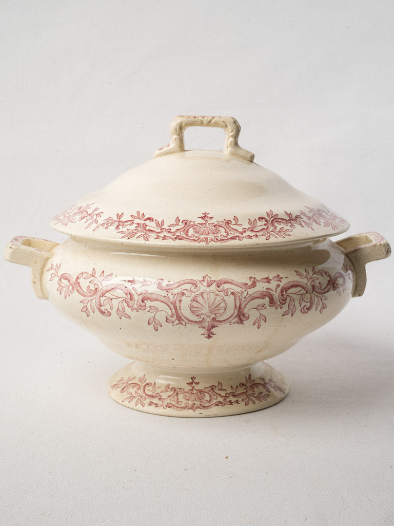 Antique French Ironstone Soup Tureen By Longchamp w/ Pink Foliage Decor