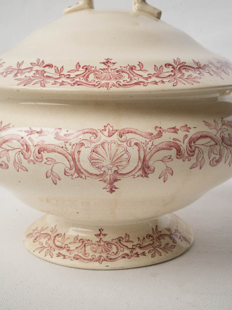 Antique French Ironstone Soup Tureen By Longchamp w/ Pink Foliage Decor