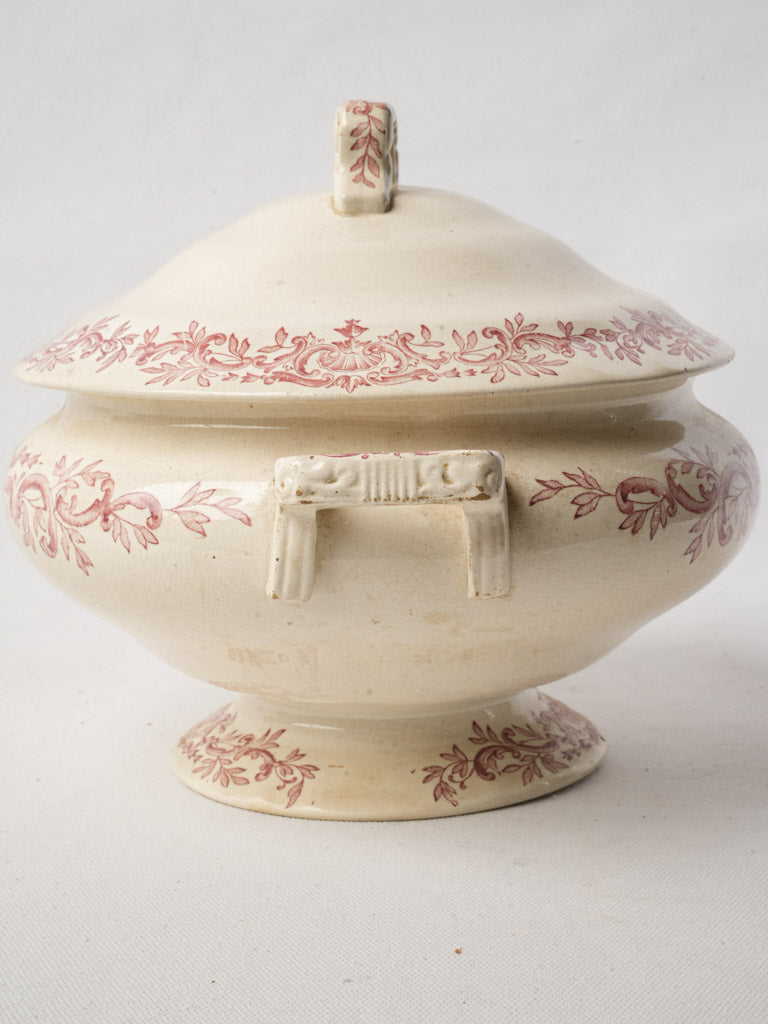 Antique French Ironstone Soup Tureen By Longchamp w/ Pink Foliage Decor