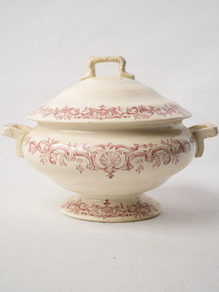 Antique French Ironstone Soup Tureen By Longchamp w/ Pink Foliage Decor