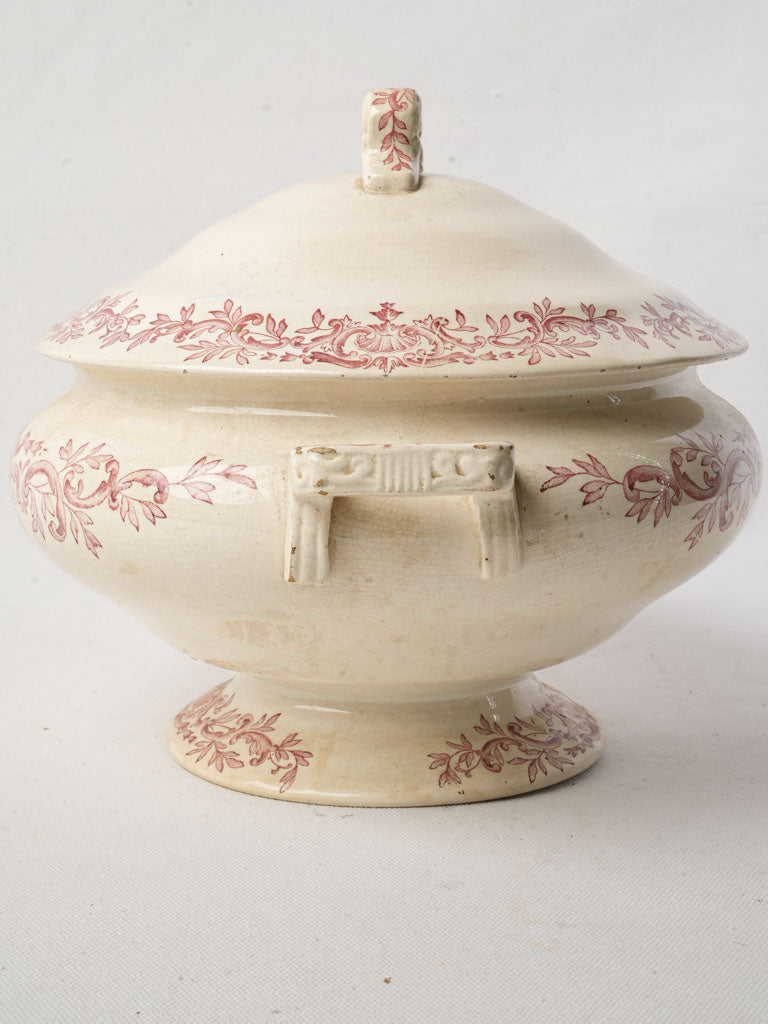Antique French Ironstone Soup Tureen By Longchamp w/ Pink Foliage Decor