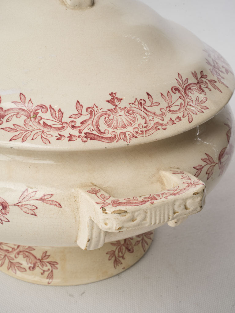 Antique French Ironstone Soup Tureen By Longchamp w/ Pink Foliage Decor